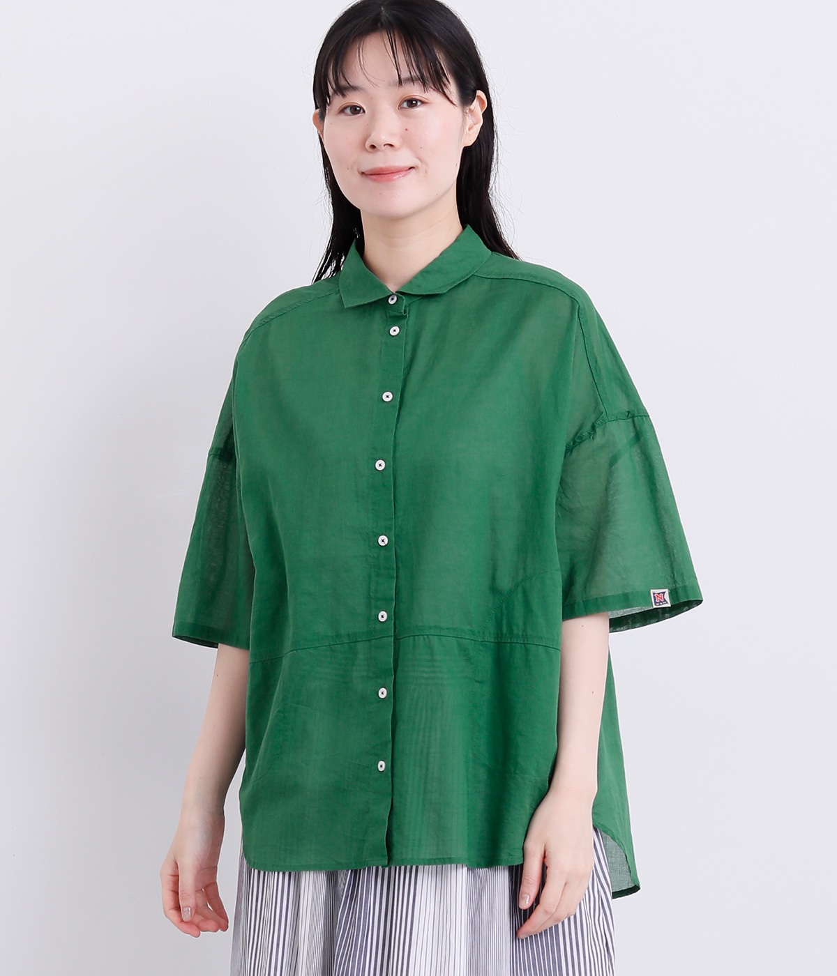 コットンヘム切替ロングシャツ(グリーン-M)