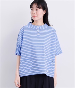 コットンマリンヘンリープルオーバー(ブルー×オフホワイト-M)