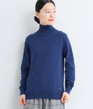 コットンワイドリブタートルニットプルオーバー(ブルー-L)