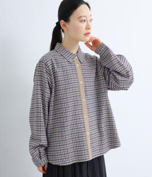 先染チェックフランネル異素材づかいボタンダウンシャツ(ベージュ-M)