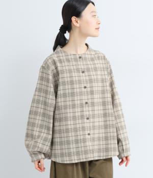 先染グレンチェックモックネックシャツ(ブラウン-L)