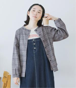 先染グレンチェックモックネックシャツ(ブラック-L)