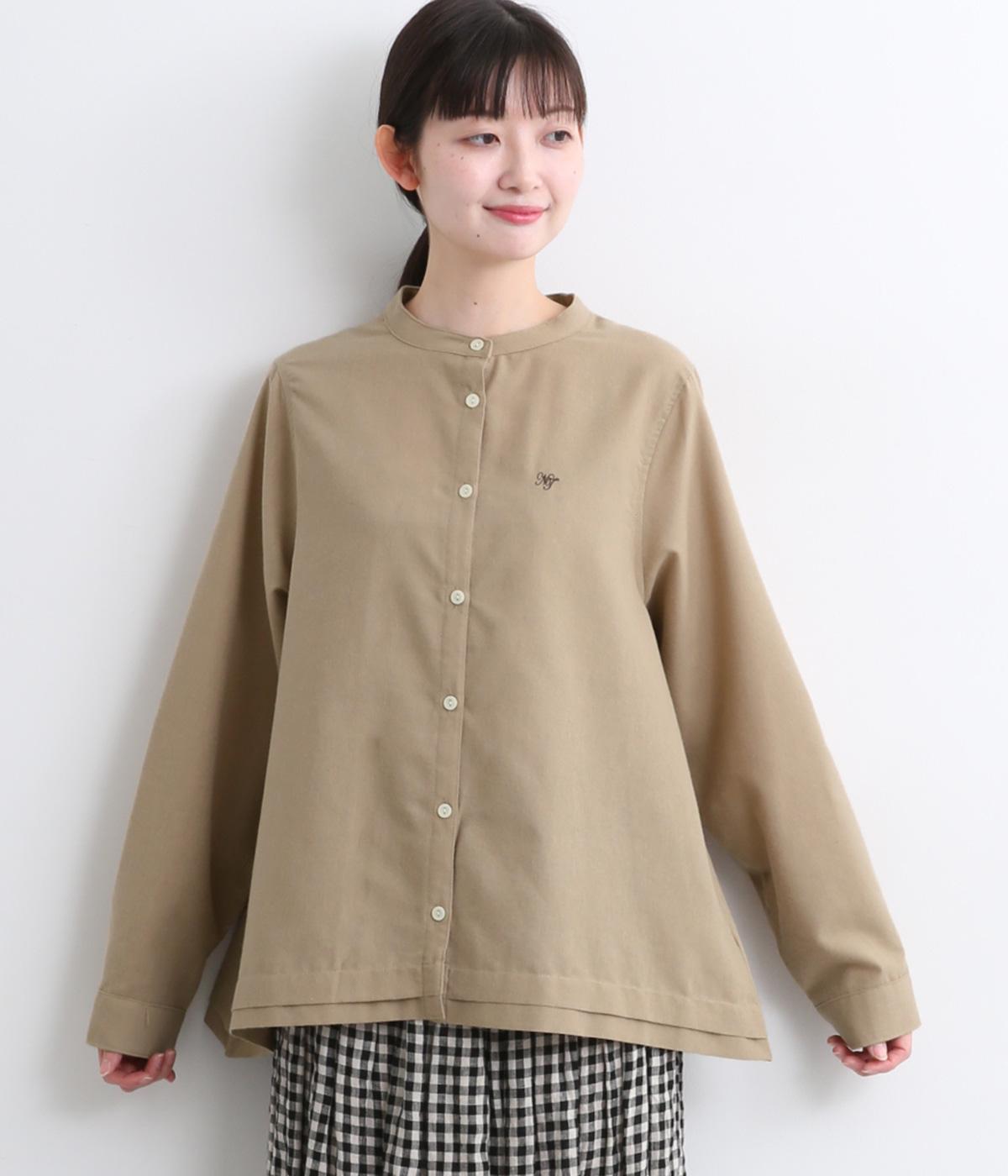 フランネル裾タックバンドカラーブラウス(ベージュ-M)