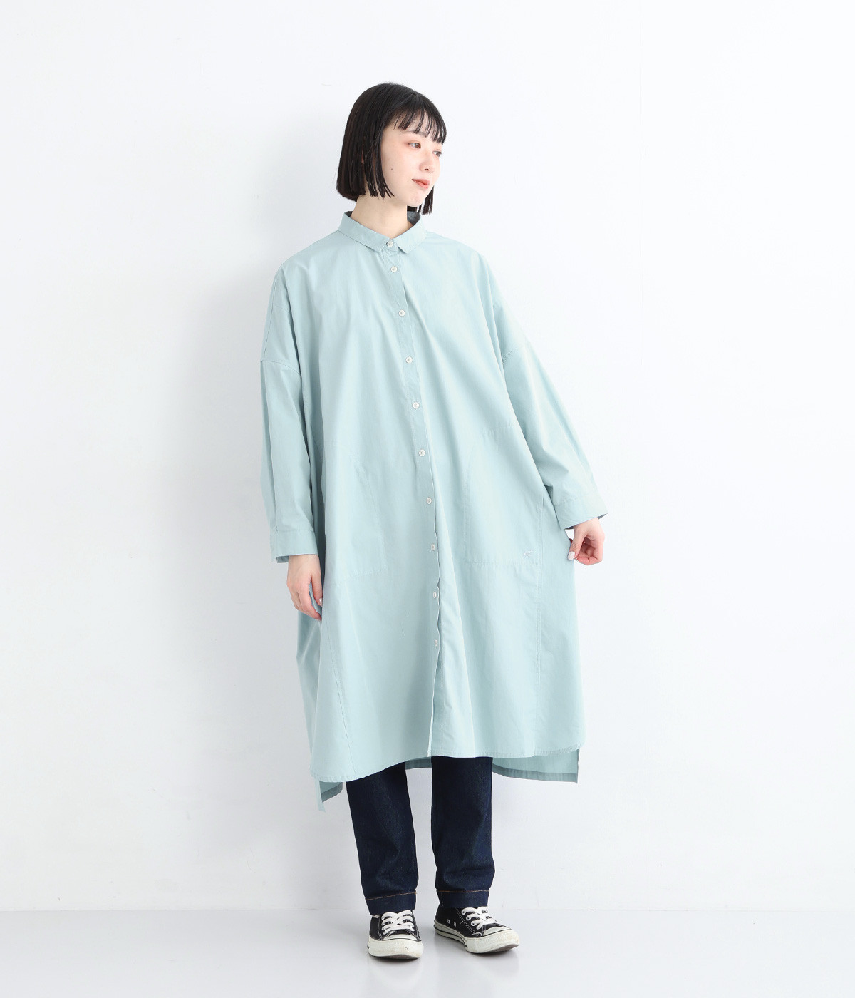 切替ワイドシャツワンピース(ブルー-M)