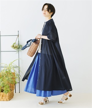 バンドカラーギャザーワンピース(ネイビー-M)