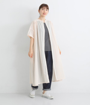 バンドカラーギャザーワンピース(ピンク-L)