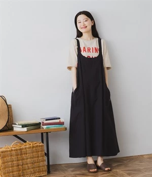 Uネックワークワンピース(ブラック-M)