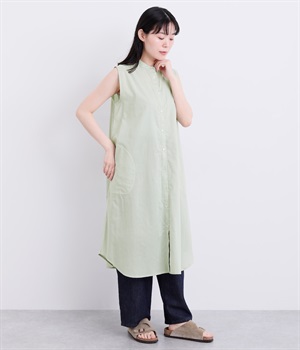 コットンAラインノースリーブワンピース(ライトグリーン-L)