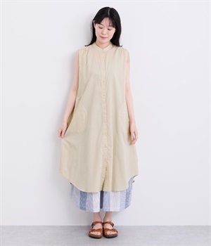 コットンAラインノースリーブワンピース(ベージュ-L)