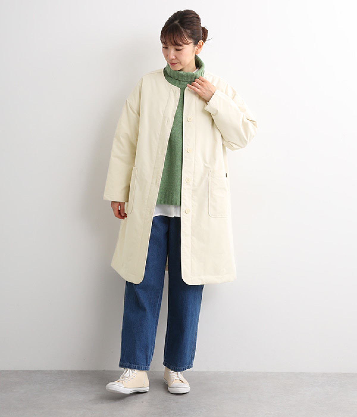 ノーカラー中綿ロングコート(アイボリー-M)