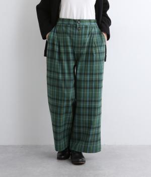 コットンフロントタックリラクシーチェックパンツ(グリーン-L)