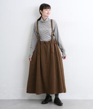 へリンボンツイードサスペンダータックフレアスカート(ブラウン-L)