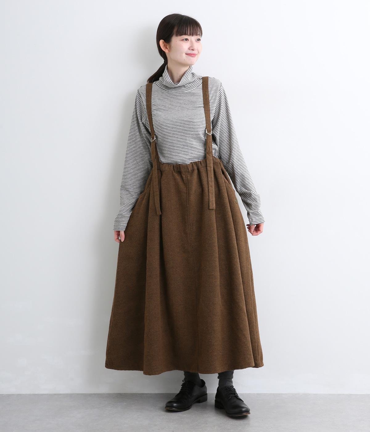 へリンボンツイードサスペンダータックフレアスカート(ブラウン-M)