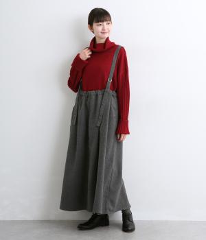 へリンボンツイードサスペンダータックフレアスカート(グレー-L)