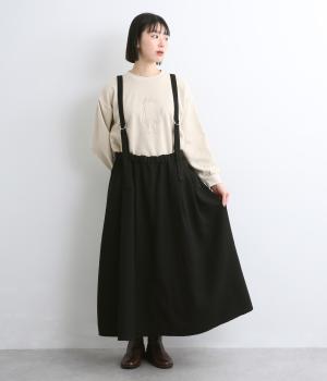 へリンボンツイードサスペンダータックフレアスカート(ブラック-L)