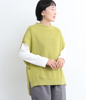 サイド釦留めニットベスト(ライムグリーン-L)