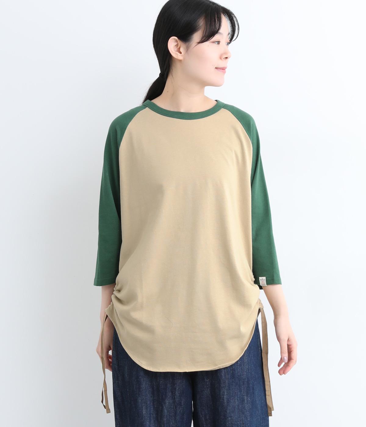 ラグランチュニックプルオーバー(グリーン×ベージュ-M)