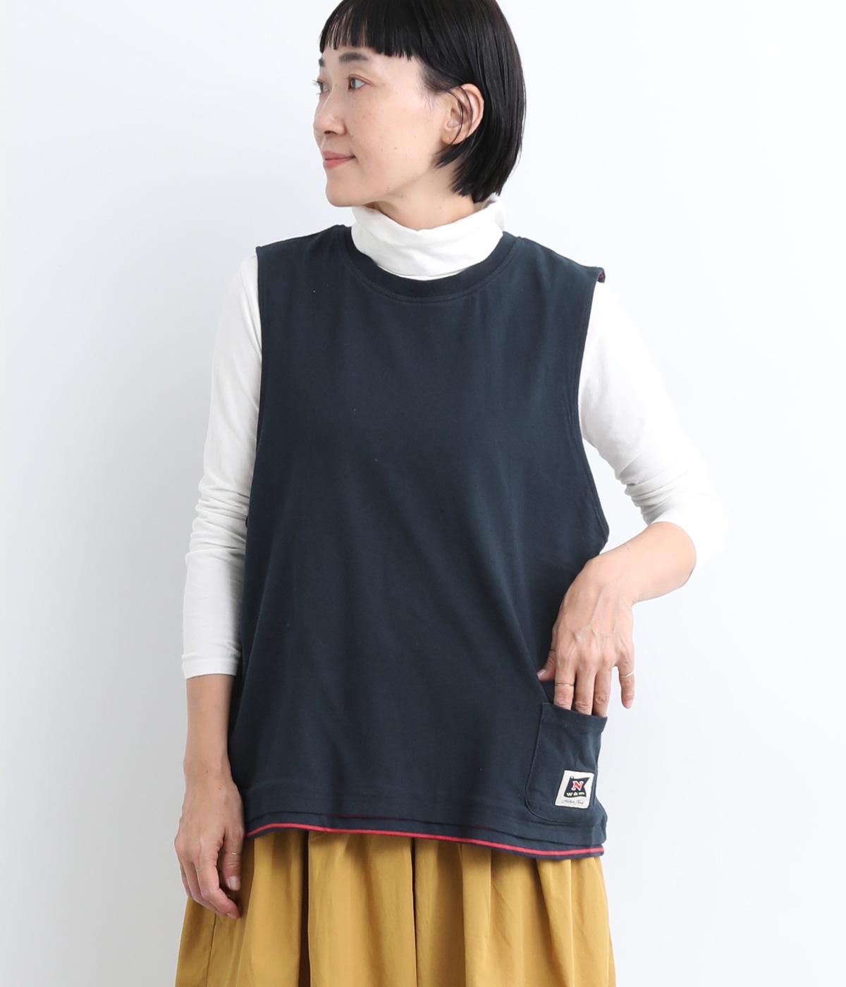 無地×ボーダーリバーシブルベスト(ネイビー×レッド-M)