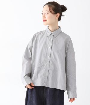 ボタンダウン裾バルーンシャツ(グレー×ホワイト-L)