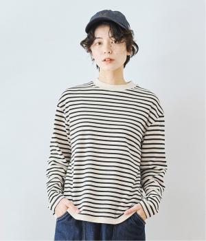 ハイネックスクエアボーダープルオーバー(ベージュ×ネイビー-L)