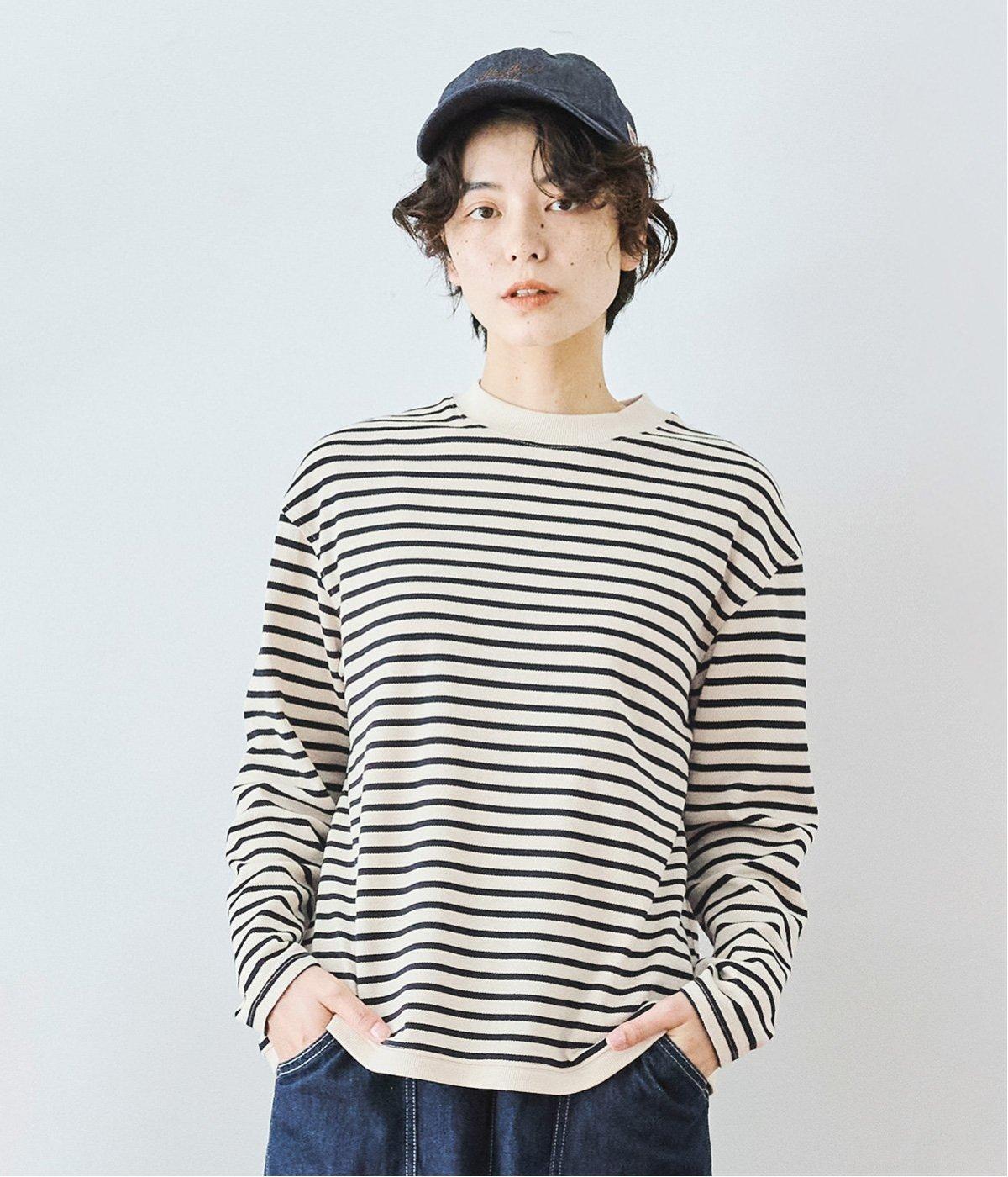 ハイネックスクエアボーダープルオーバー(ベージュ×ネイビー-M)