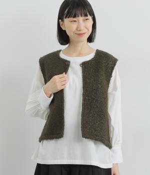 シープボア+布帛異素材づかいベスト(カーキ-L)
