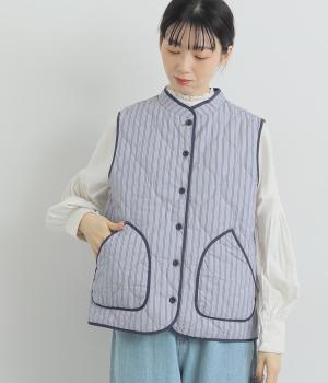 中綿入り布帛ベスト(ネイビー×オフホワイト-L)