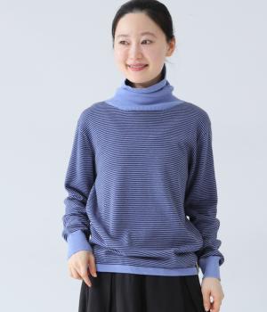 ボーダータートルニット(ライトブルー-L)