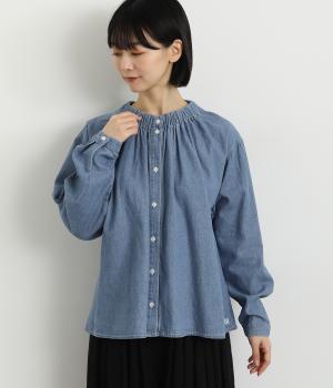 バンディングカラーギャザーブラウス(インディゴブルー-M)