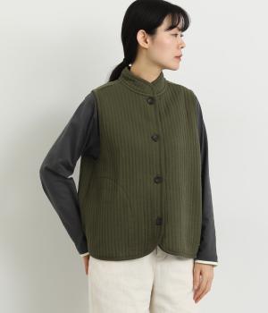 スタンドカラーキルトベスト(カーキ-M)