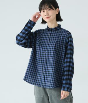 異素材づかいタック入りシャツ(ブルー-L)