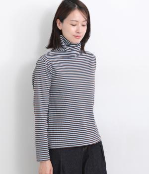 リブ編みタートルプルオーバー(ブラウン×ライトブルー-L)