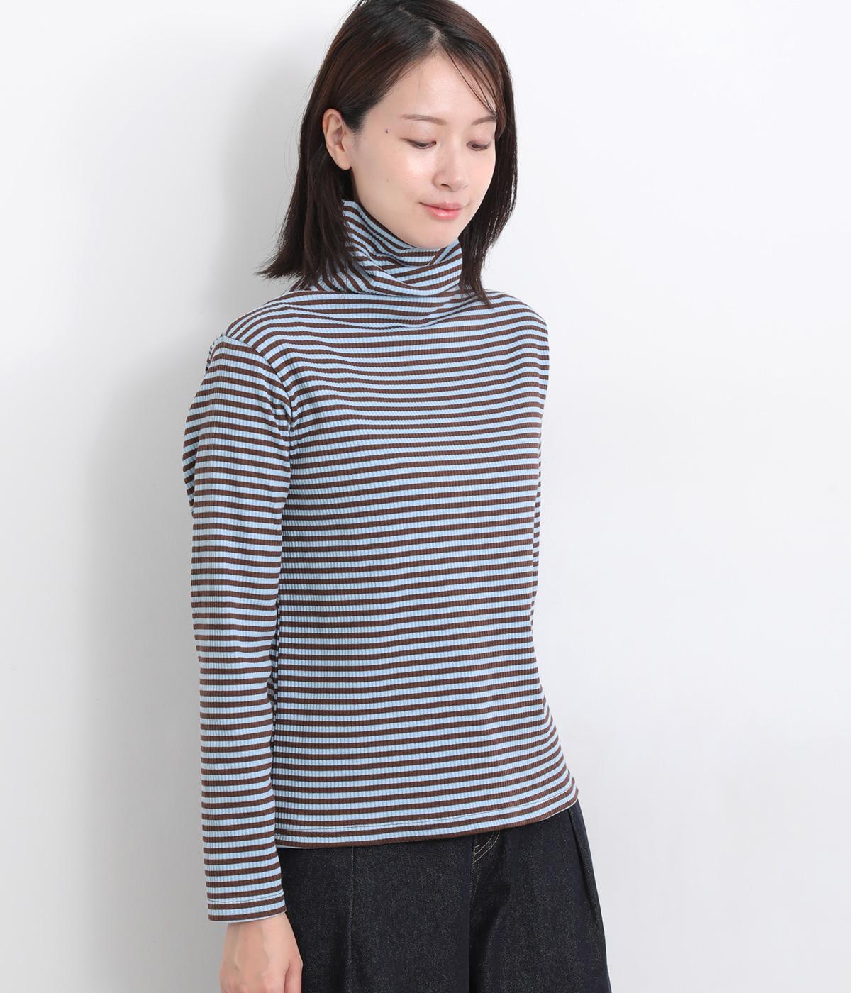 リブ編みタートルプルオーバー(ブラウン×ライトブルー-M)