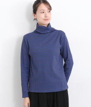 リブ編みタートルプルオーバー(ブルー×ダークブラウン-L)