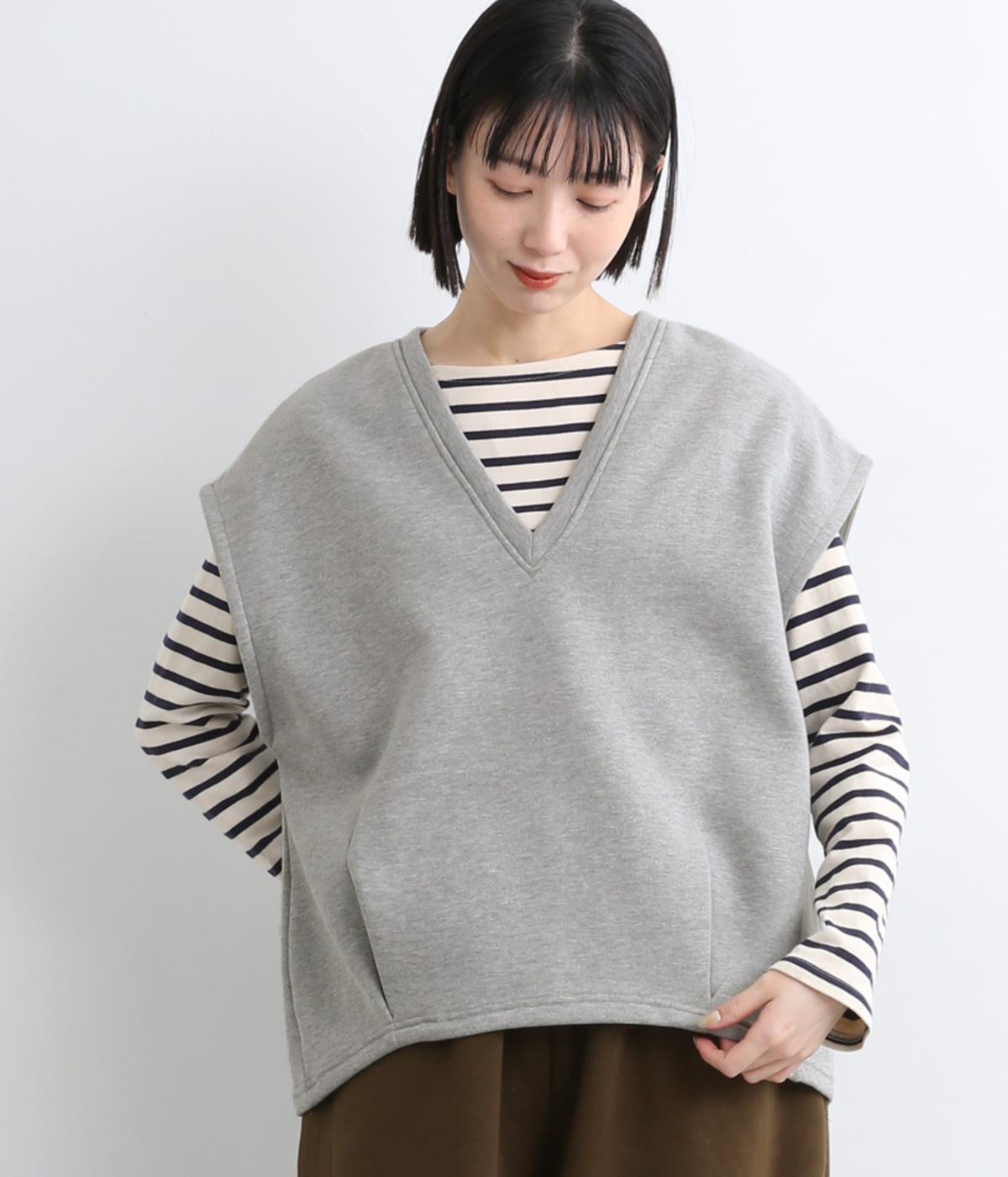 裏起毛Vネックタック入りベスト(グレー-M)