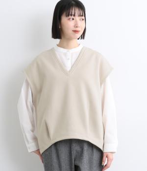 裏起毛Vネックタック入りベスト(ベージュ-L)