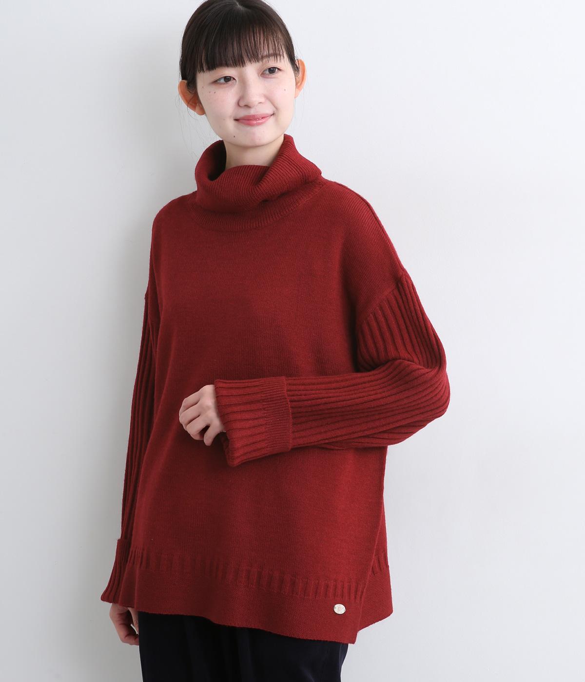 編地違いスリーブタートルプルオーバー(レッド-M)
