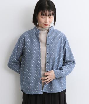 シャンブレー総柄プリントシャツ(ブルー-M)