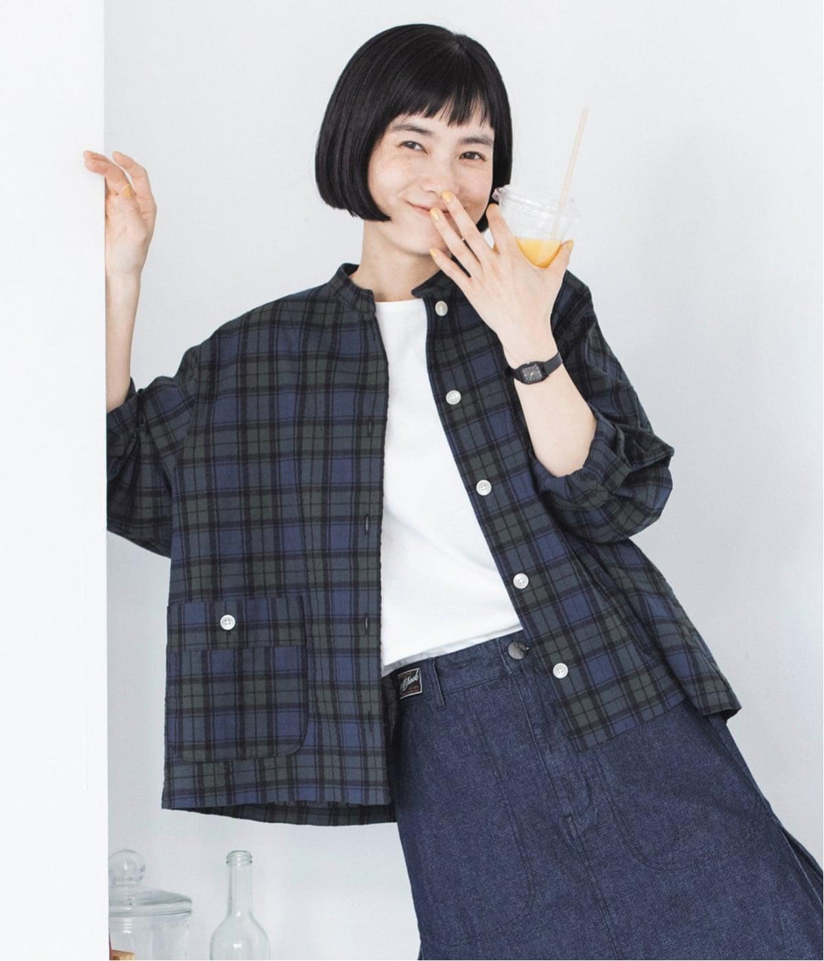 バンドカラーシャツジャケット(グリーン-M)