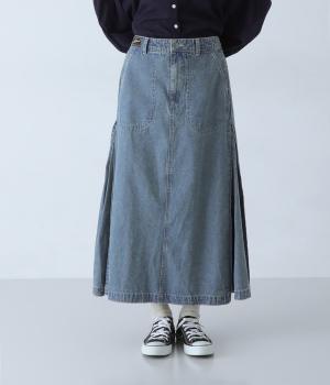 コットンデニム　サイドフレアロングスカート(インディゴブルー-M)