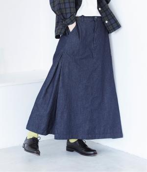 コットンデニム　サイドフレアロングスカート(インディゴネイビー-M)