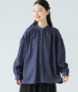 スタンドカラーギャザーブラウス(インディゴネイビー-L)