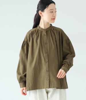 スタンドカラーギャザーブラウス(カーキ-L)