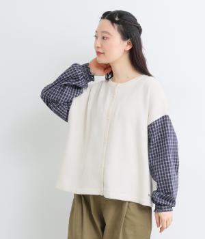 異素材スリーブニットカーディガン(オフホワイト-L)