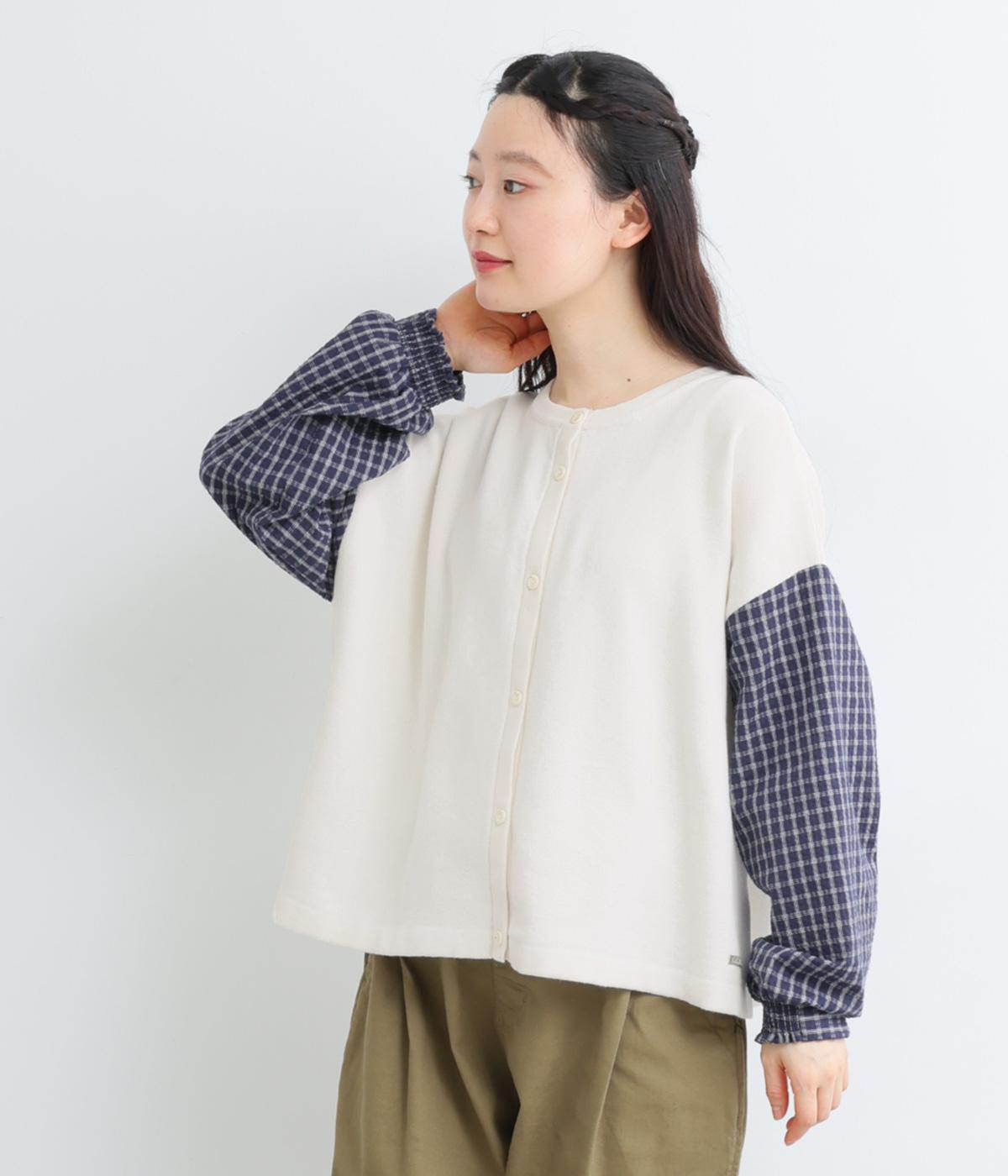 異素材スリーブニットカーディガン(オフホワイト-M)