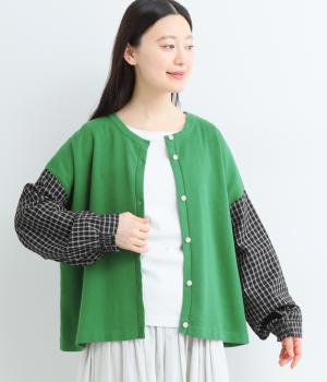 異素材スリーブニットカーディガン(グリーン-L)