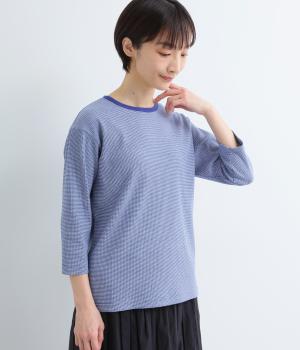 リブ編みボーダークルーネックプルオーバー(ブルー-L)