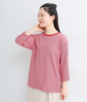 リブ編みボーダークルーネックプルオーバー(レッド-L)