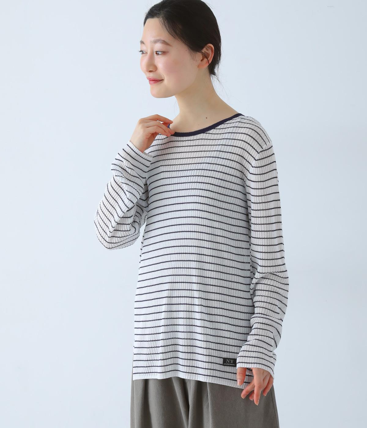 シアーボーダーニットプルオーバー(オフホワイト(オフホワイト×ネイビー)-M)
