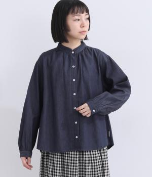 タック襟ギャザーシャツ(インディゴネイビー-M)